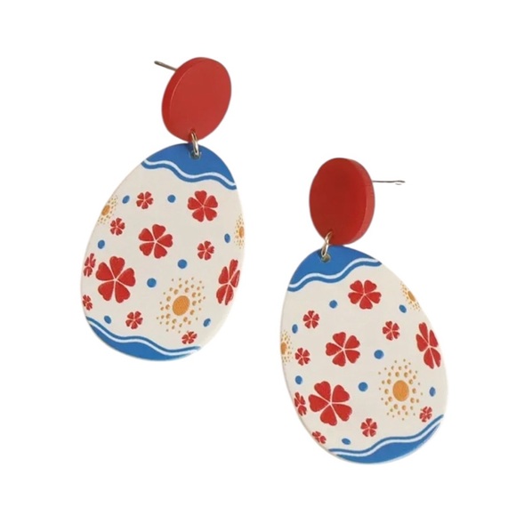 Whimsy_and_Rose Jewelry - Red & Blue Floral Easter Egg Dangle Earrings